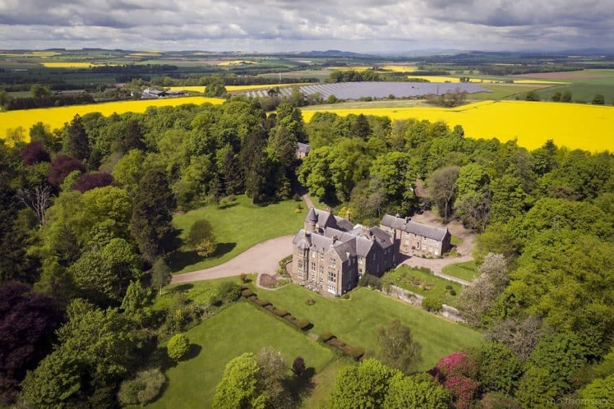 Kinblethmont House Aerial View - large castles to rent in Scotland