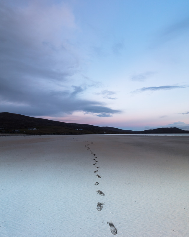 Path Least Travelled - Footprints on the white sands of Luskentyre on the Isle of Harris at sunset.