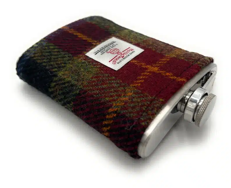 Harris Tweed hip flask dark red and green tartan