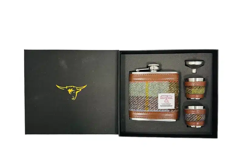 Harris Tweed hunting hip flask brown and green with two cups in presentation box