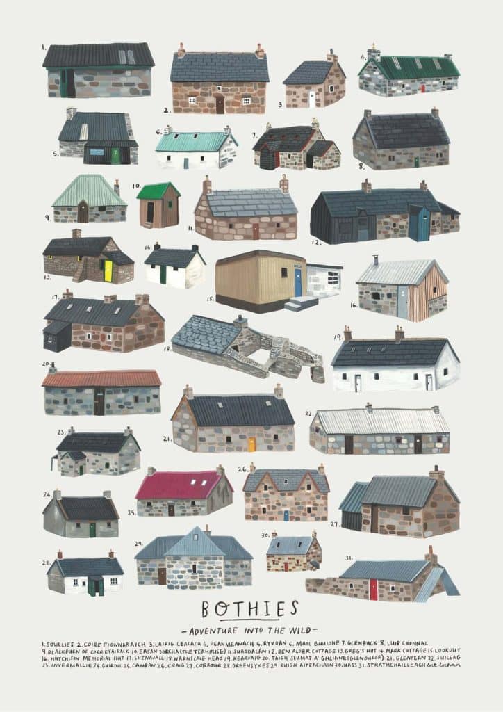 illustrations of scottish bothies on white background