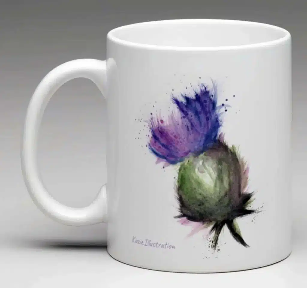 white mug with scottish thistle illustration